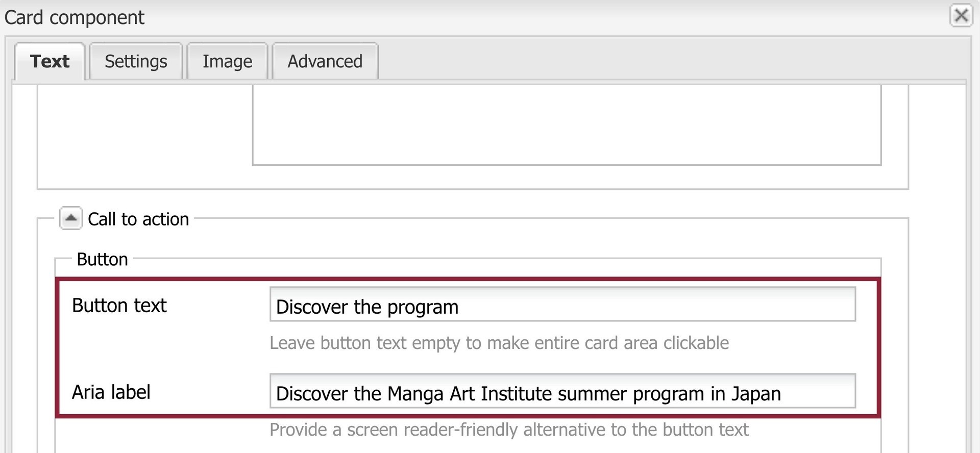 Button text reads "Discover the program". ARIA label reads "Discover the Manga Art Institute summer program in Japan"