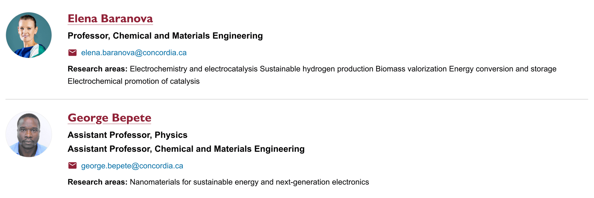 Faculty profile list with small photos and faculty member name, title, email and research areas