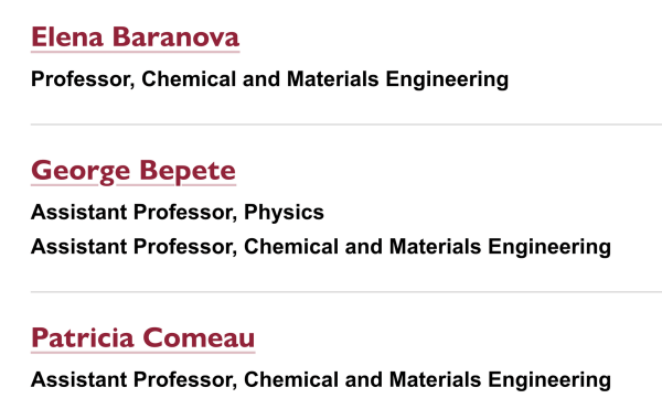 3 professors' names, each followed by their title and department