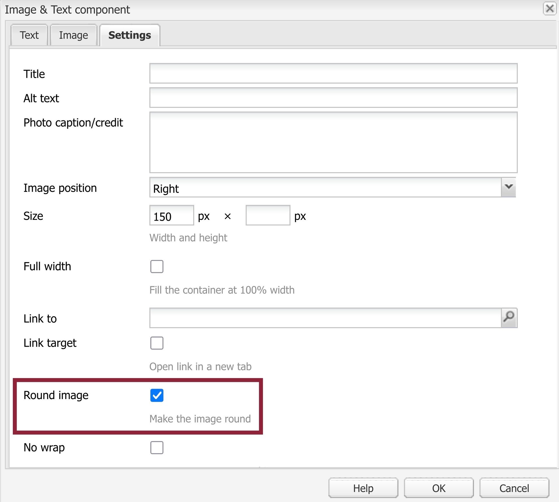 Image & text component settings, with box checked beside "Round image"