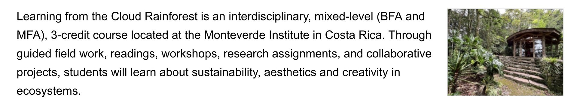 Image & text component, with text on the left and a small image of a house in the rainforest on the right