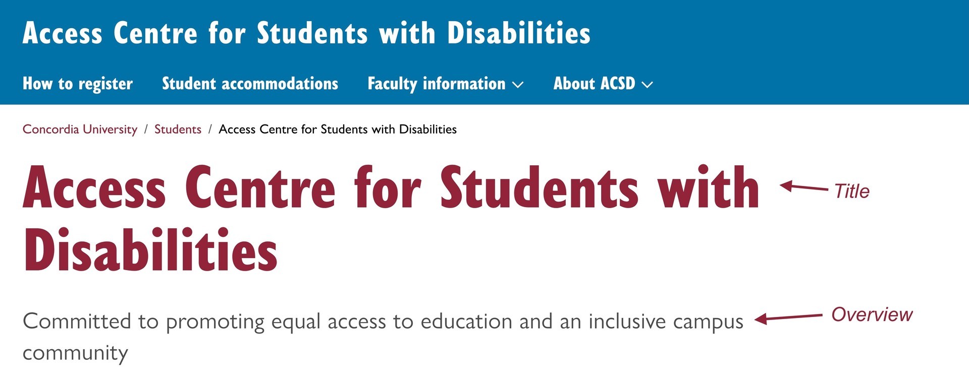 Introduction component on Access Centre for Students with Disabiliites website. Overview reads "Committed to providing equal access to education and an inclusive campus community"