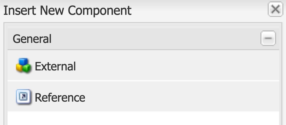 Screenshot showing the AEM sidekick. The Reference component is located in the Components, General section.