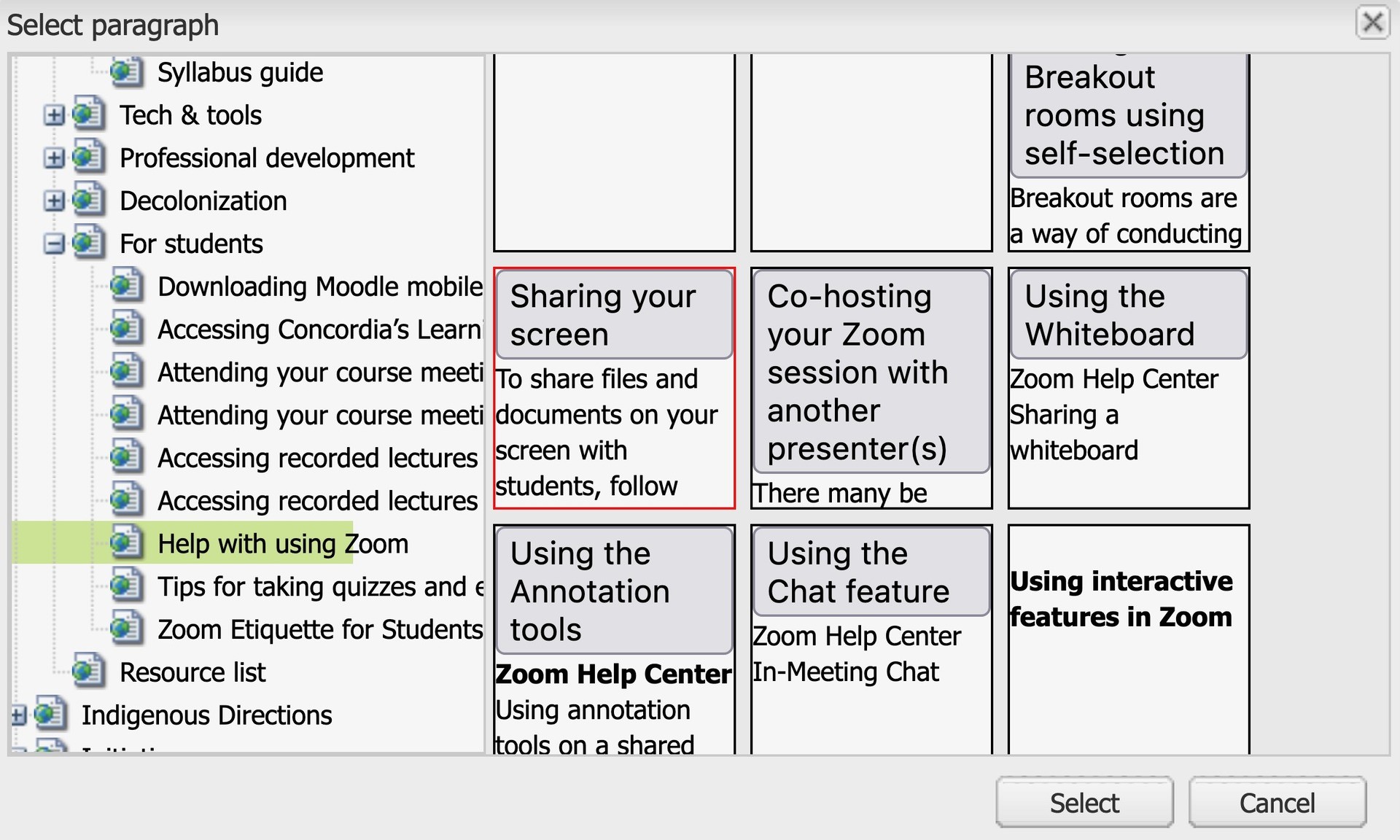 Screenshot showing list of websites on left, with one in green, and the site's content blocks on the right, with one in red