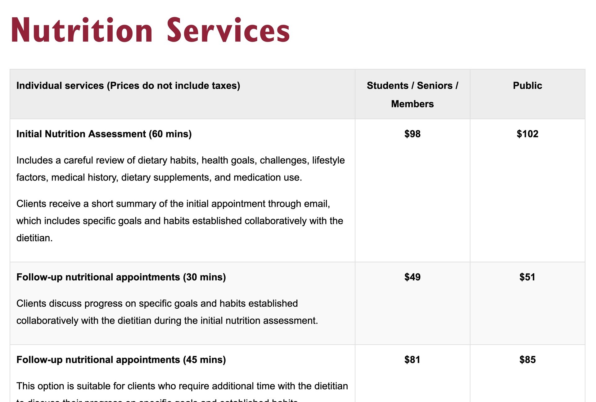 Nutrition services table showing individual services. There are 2 columns for prices: one for students, senios and members; the other for the public