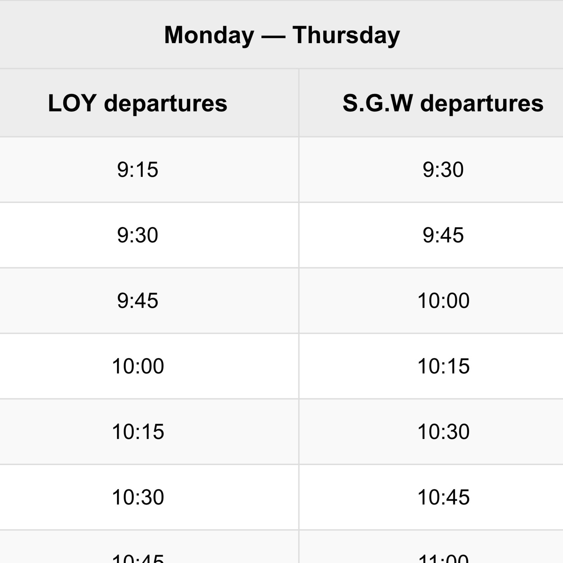 Screenshot showing times of shuttle bus departures Mondays-Thursdays from Loyola and Sir George Williams. Alternate rows are shaded for easy scanning.