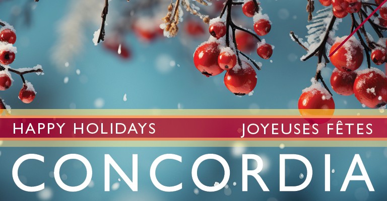 Snow-covered branches with red berries against a blue background, with falling snowflakes.