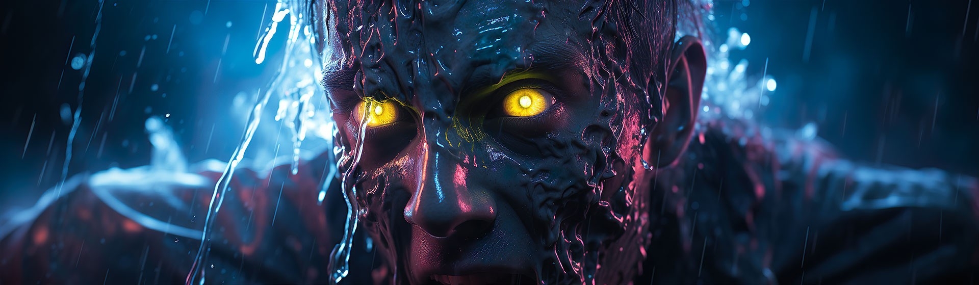 Close-up of yellow-eyed zombie face in the rain