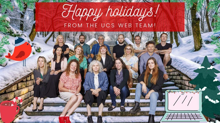 The UCS web team is sitting in a Photoshopped winter decor, alongside images of winter themed accessories