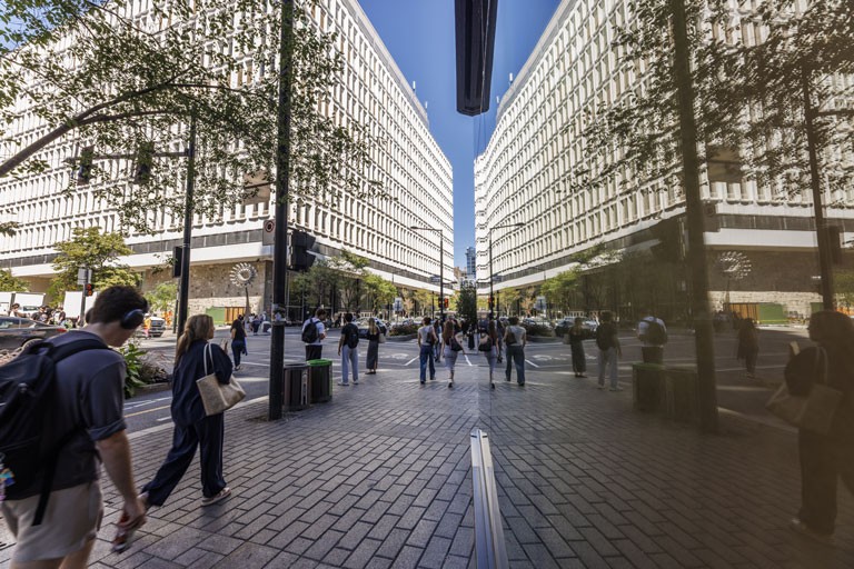Reflection of the Hall Building as seen from the GM Building