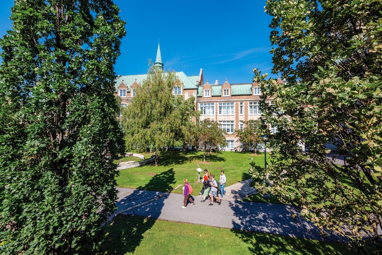 Un groupe d'étudiants marchant sur le campus, vu à travers des arbres verts et feuillus.