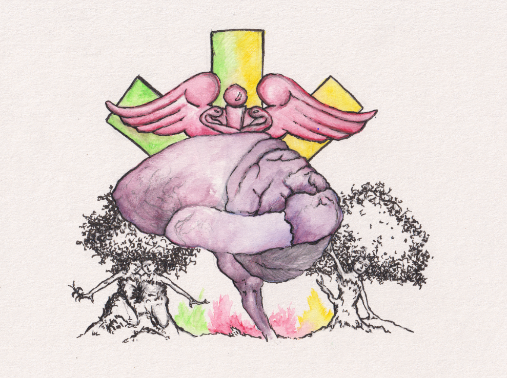 Alt Text: A profile view of a brain in purple with two illustrated trees on either side of the brain. The trees have feminine human figures represented in the trunks of the trees in black and white. Directly behind the upper half of the brain, the top of the Montreal medical emblem is seen represented in green, red, and yellow – the emblem consists of rod in the middle with two snake heads on either side of the rod along with a pair of spread wings and the three upper tabs of a six-point asterisk.  