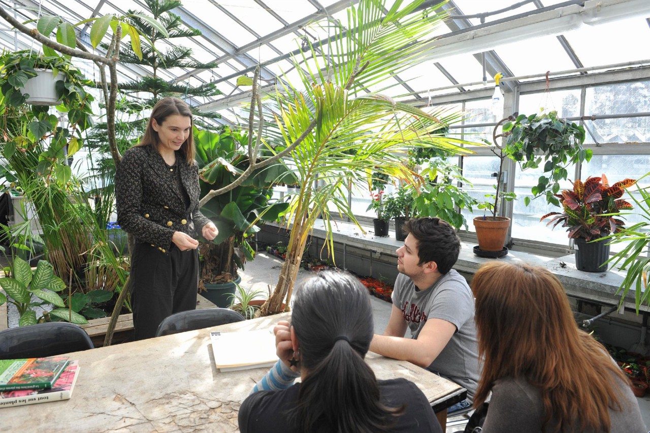 3 people listening to one person talk in the Greenhouse.