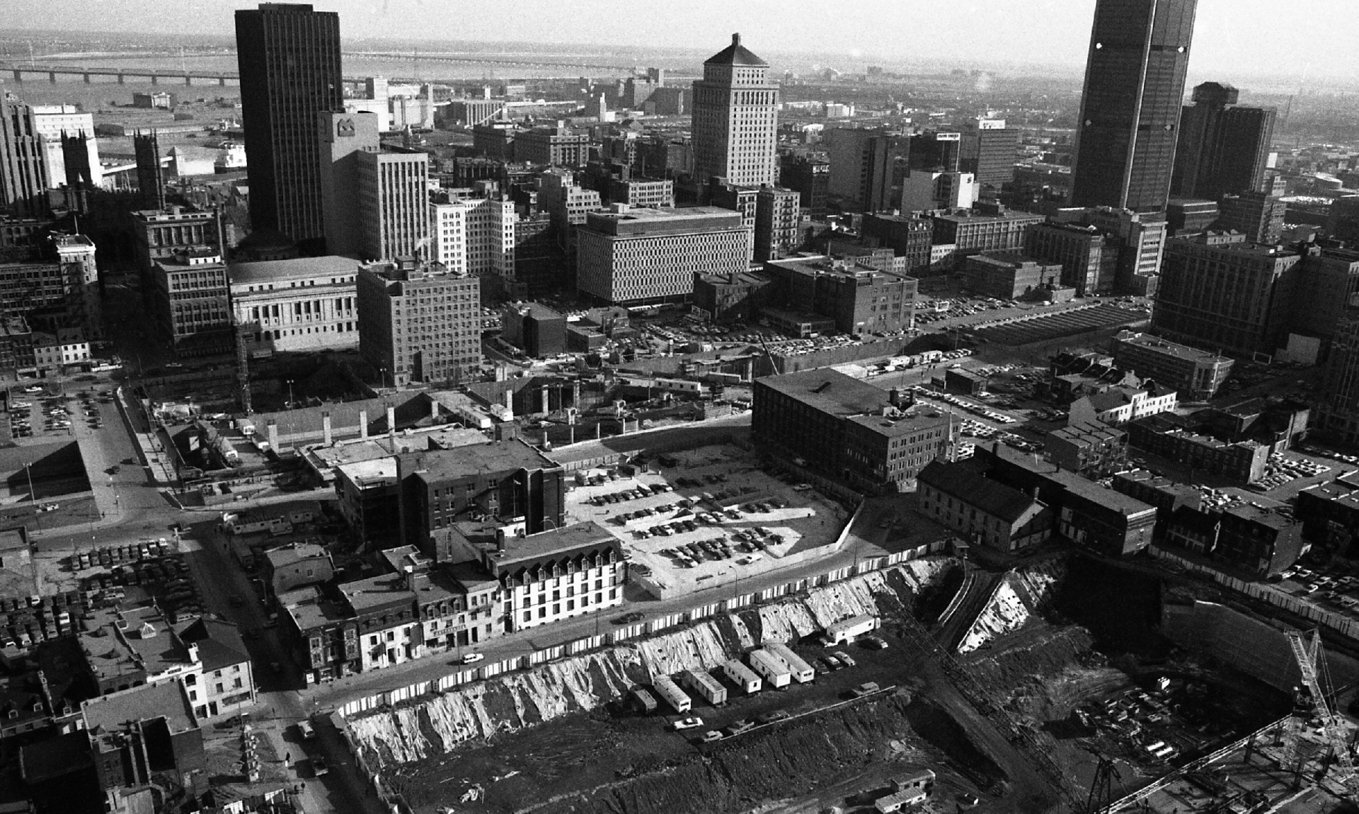 Aerial view of the Guy-Favreau Complex construction site in 1981.