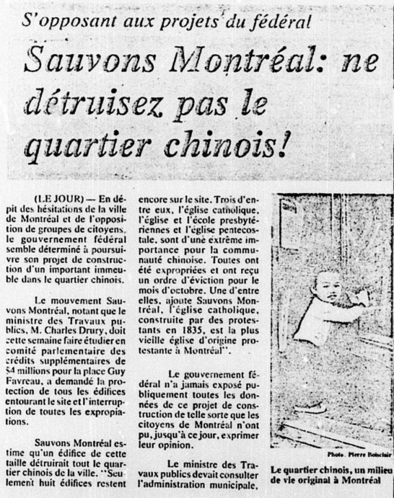 Article covering the opposition of the construction of the Guy-Favreau Complex from Le Jour, 1976.
