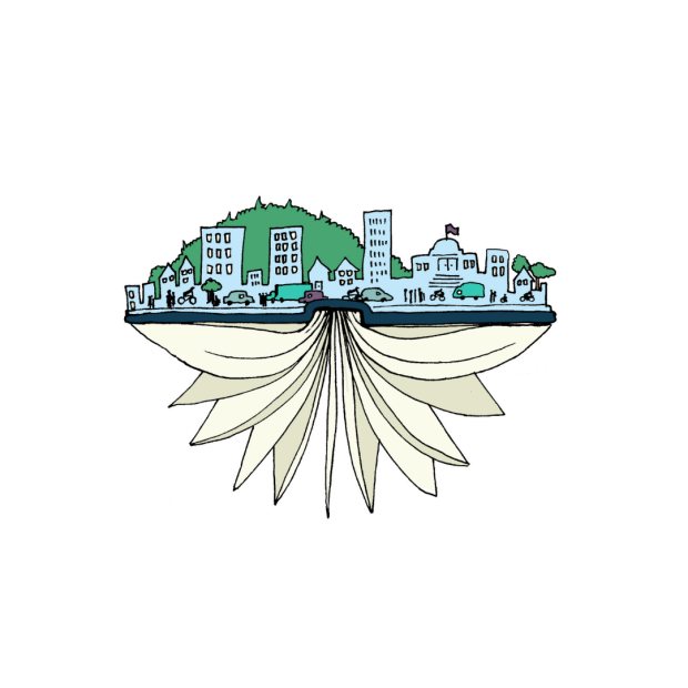 Le logo de la CURE, un livre ouvert à l'envers avec le paysage de Montréal sur le dos.