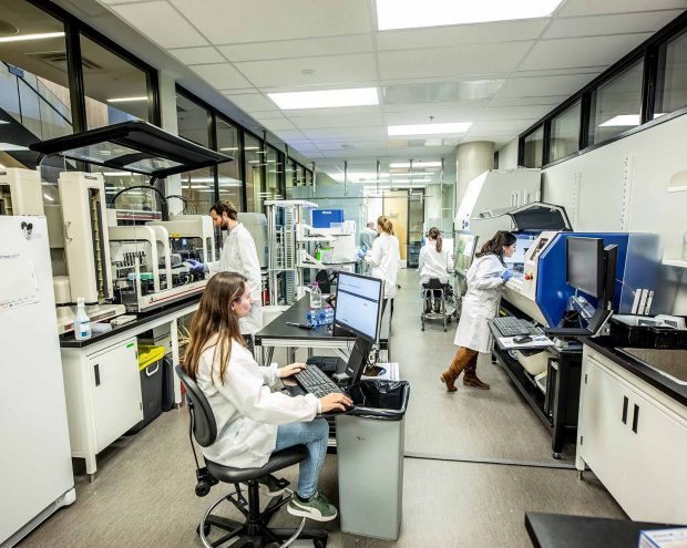 Des scientifiques en sarrau travaillant sur des ordinateurs et des appareils dans un laboratoire moderne doté de divers instruments et fournitures.