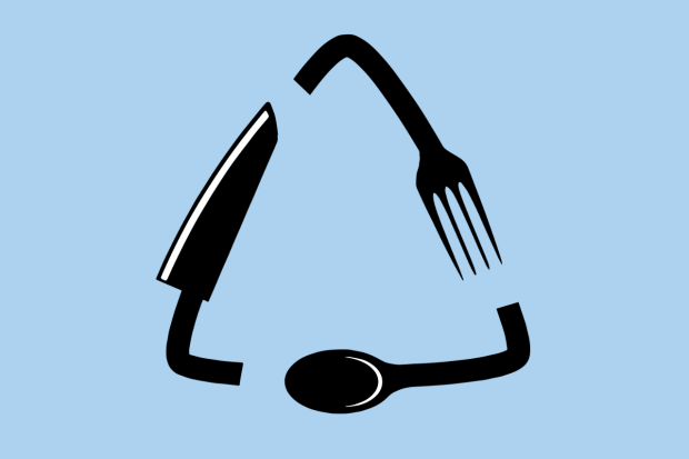 Une icône représentant une fourchette, une cuillère et un couteau disposés en forme de symbole de recyclage sur fond bleu.