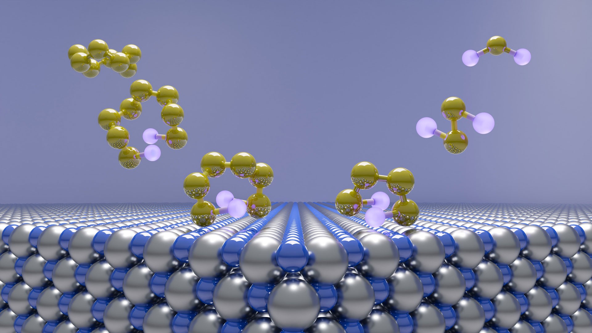 Les molécules d’adsorbat de sulfure de lithium, représentées en violet et en jaune, dansent au fur et à mesure que l’énergie est libérée et stockée au cours des processus de charge et de décharge.