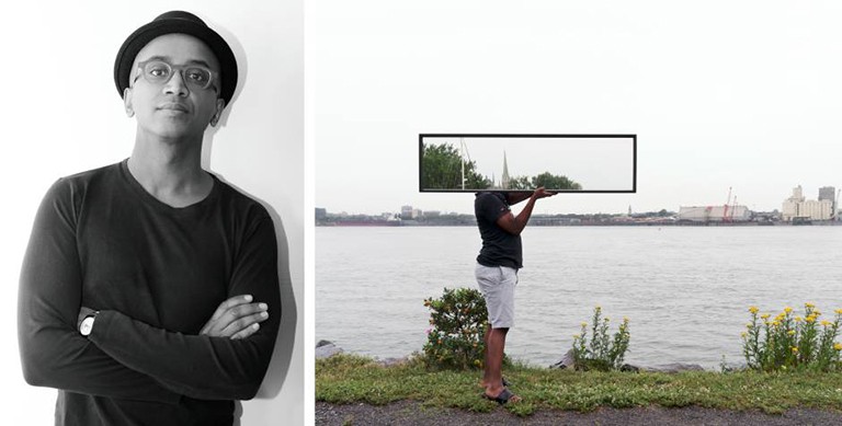 Diptych image with a black and white portrait on the left of a man wearing a fedora-type hat and wearing a black long-sleeved top and on the right a photo of a person standing on the bank of a river and holding what looks like a long rectangular photo at head height. 