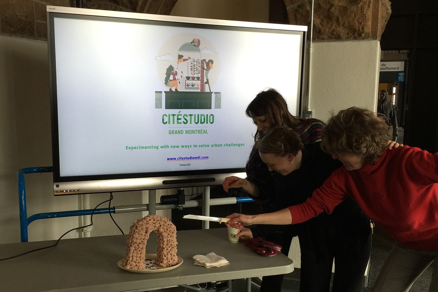 City School team members are cutting a City School cake in the winter of 2023