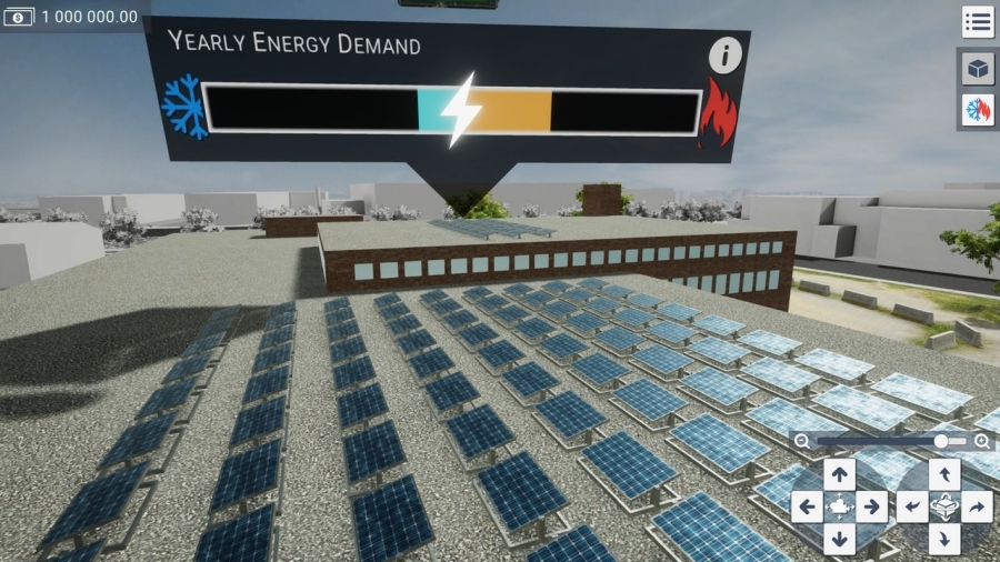 Un écran du jeu montrant un toit solaire et une barre de mesure horizontale de la demande annuelle énergétique…