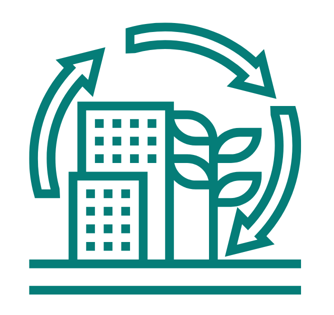 A detailed 3D model visualization of an urban area with various layers indicating different aspects of the built environment. It features a services menu with options such as 'Building Info', 'Energy Demand' and 'Network Solution'.