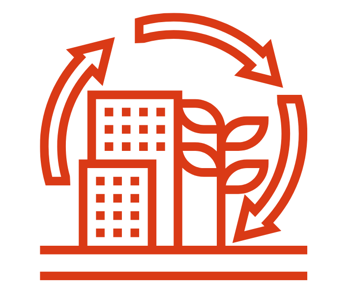 A detailed 3D model visualization of an urban area with various layers indicating different aspects of the built environment. It features a services menu with options such as 'Building Info', 'Energy Demand' and 'Network Solution'.