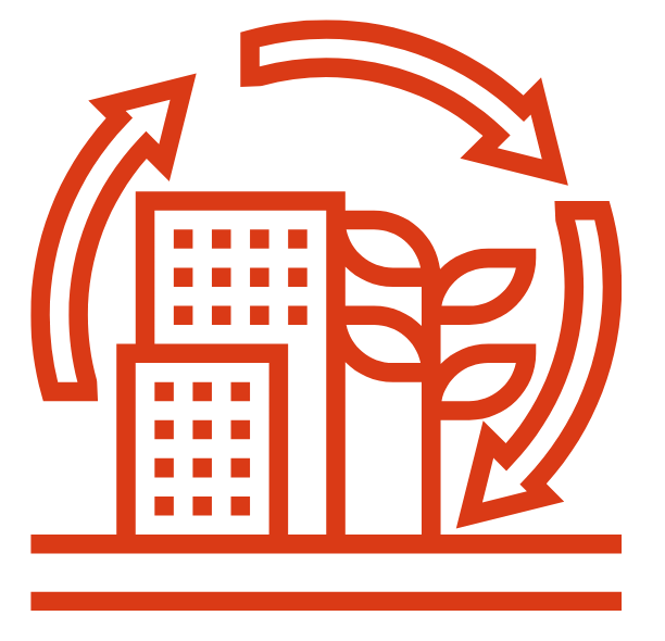 A detailed 3D model visualization of an urban area with various layers indicating different aspects of the built environment. It features a services menu with options such as 'Building Info', 'Energy Demand' and 'Network Solution'.