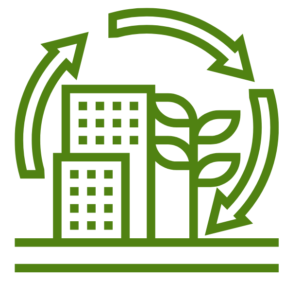 A detailed 3D model visualization of an urban area with various layers indicating different aspects of the built environment. The image shows a software interface with main layers and services listed on the left side, including options for 'Built Environment', 'Transport', 'Energy', 'Waste' and 'Ecosystem'.