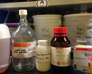 Bottles of chemicals on a lab counter