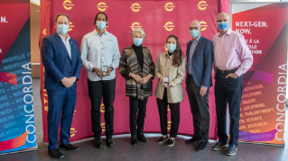 From left: Paul Chesser, Vice-Pesident, Advancement; Malick Sylvain, Stingers football player; Inez Lengvari; Brigitte Laganière, Stingers Women’s hockey player; Concordia President Graham Carr; and George Lengvari.