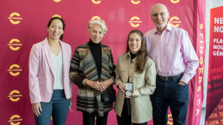 From left: Stingers women’s hockey coach Julie Chu, Inez Lengvari, Stingers women’s hockey player Brigitte Laganière and George Lengvari