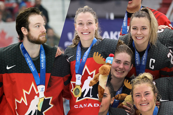 From left, Tyler Hylland, Rosalie Bégin-Cyr and captain Emmy Fecteau with their medals.