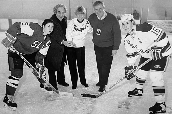Theresa Humes (centre) was always on hand to encourage her hockey players.