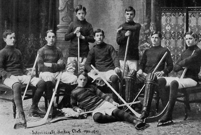Georges P. Vanier (first from the right) and the 1902-1903 intermediate hockey club.