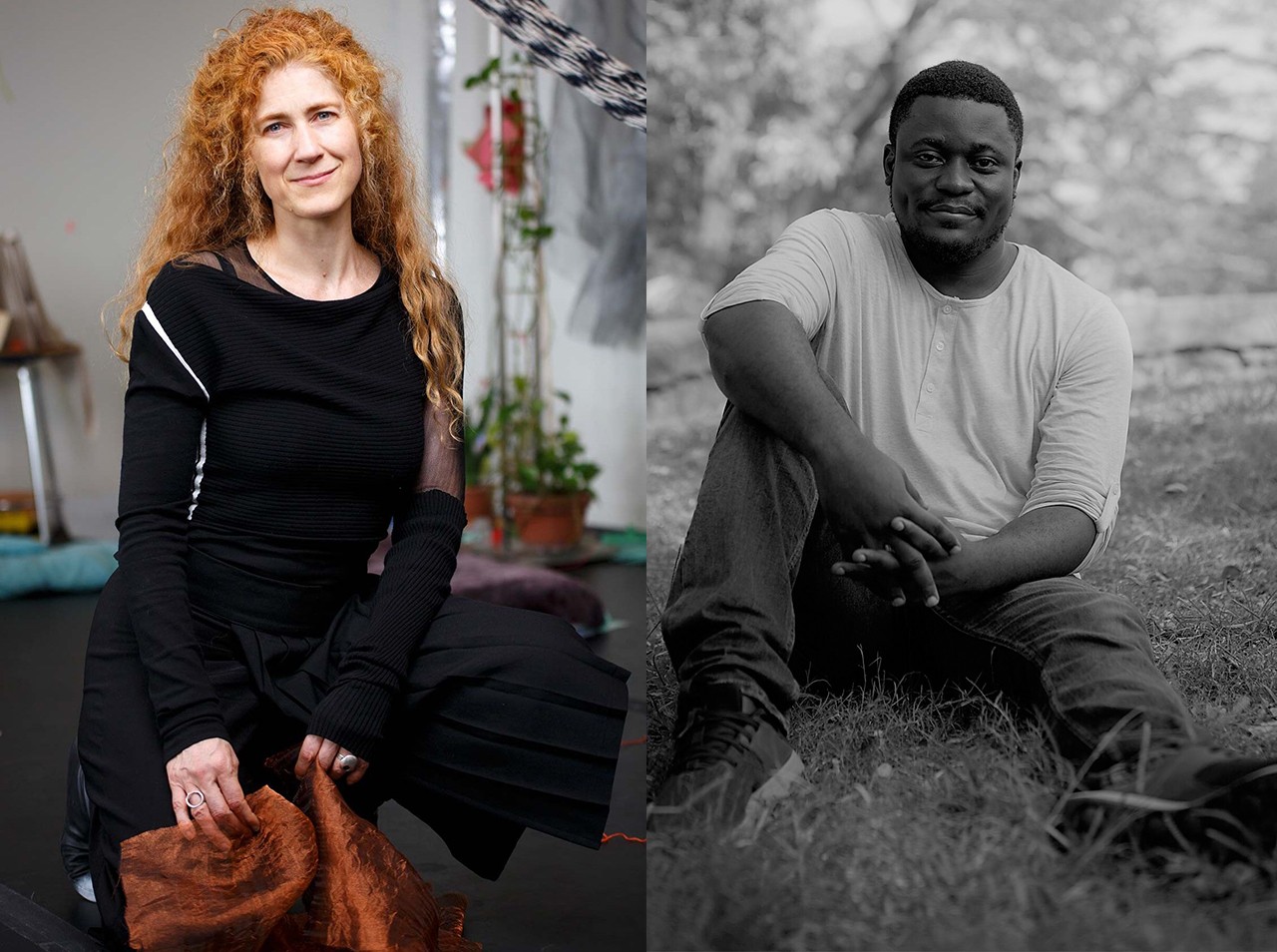 Two speaker photos side by side: a woman in a black dress standing indoors and a man sitting outside on the grass