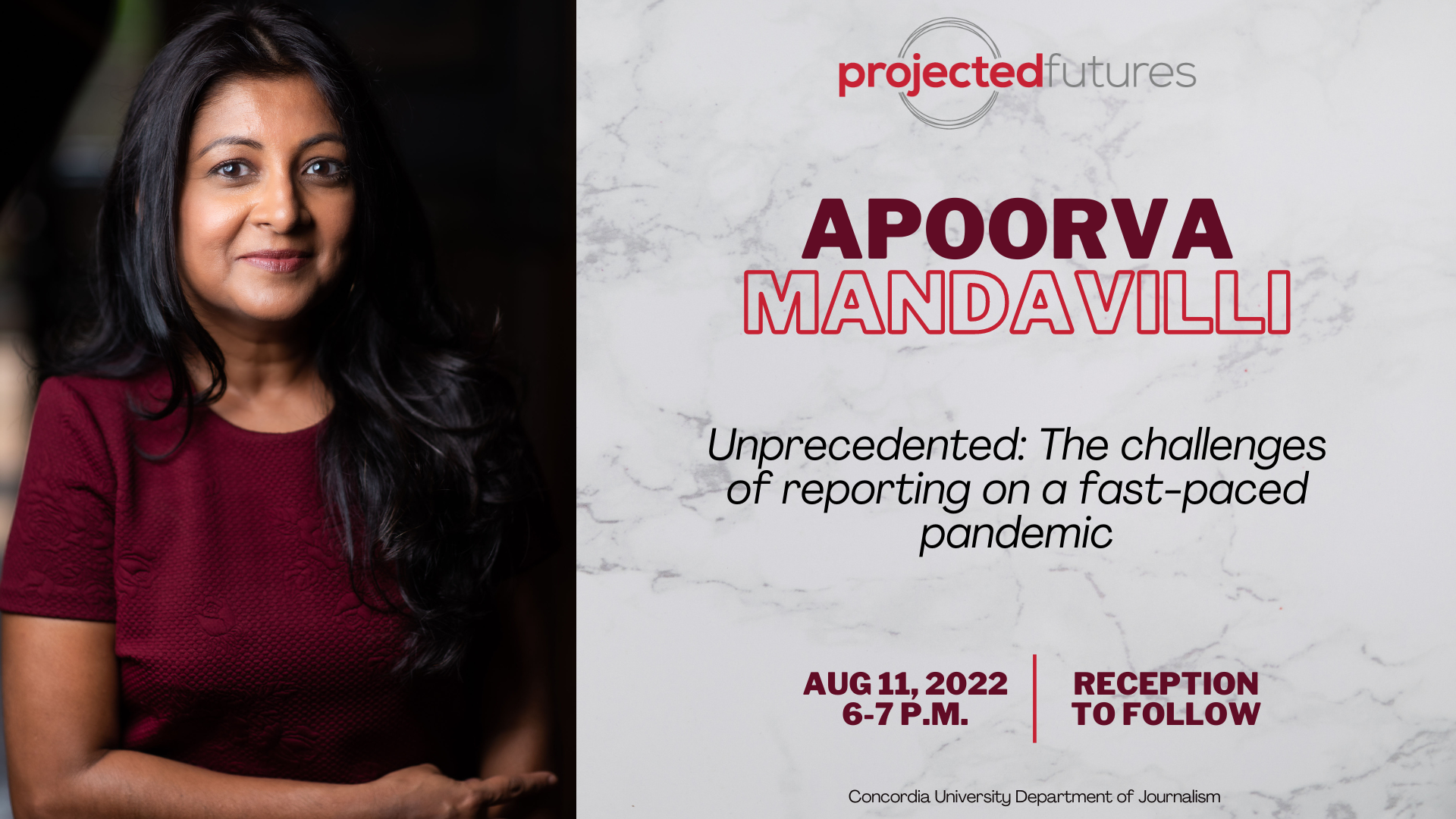 Event poster for Apoorva Mandavilli's talk, with her portrait and title of the event