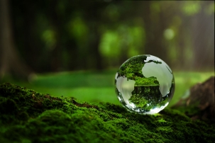 A decorative image of a green water droplet with the Earth on it against a background of green plants and moss
