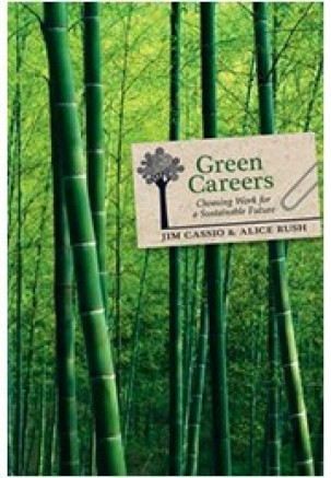 Decorative image of a beige card with the words "green careers" on it against a background of green bamboo