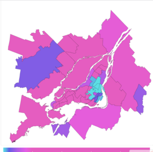 Map of urban sprawl in Montreal. Sprawl is low in the center of the Island of Montreal and fairly high in the rest of the area.