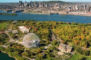 Aerial view of île Sainte-Hélène with the geodesic dome of the Biosphere in the foreground
