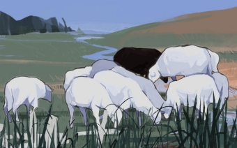 Drawing by Biyang Pan of animals drinking and grazing by a winding stream