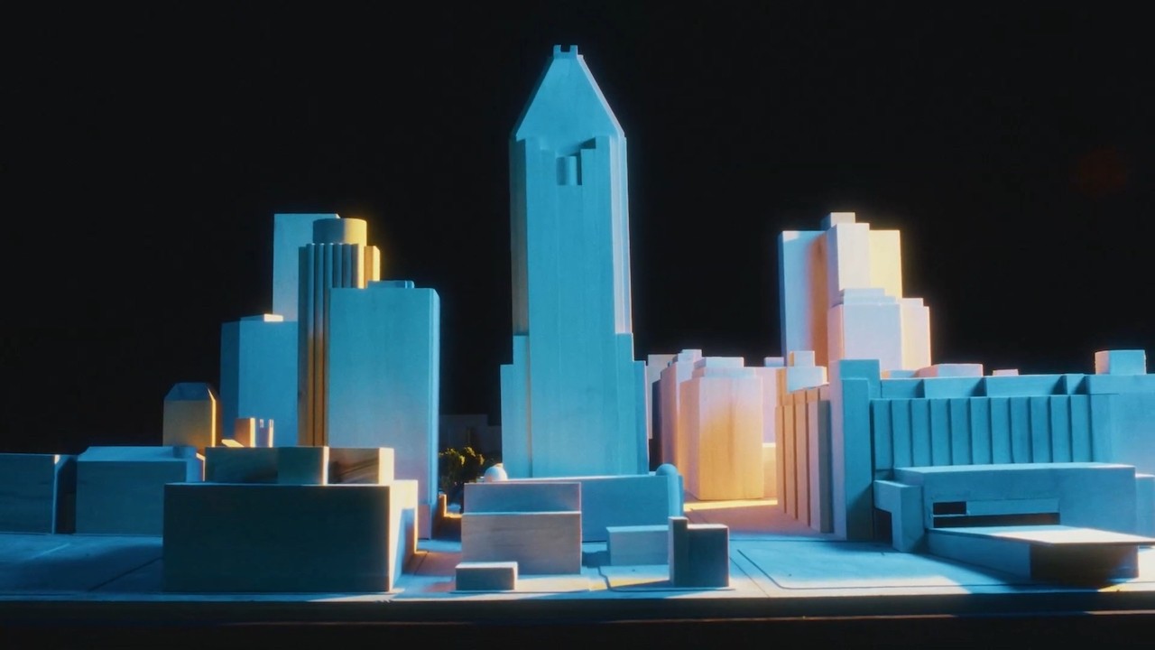 3D illustration of tall city buildings at nighttime