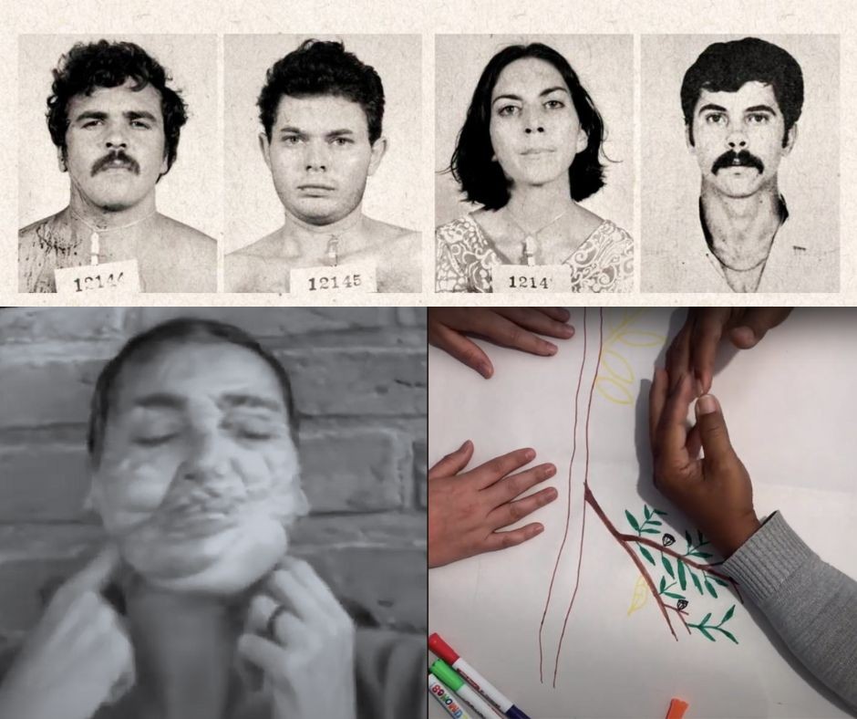 A series of images. The first displays a series of mugshots, the second sees a woman with a scarf covering her face, the third image shows hands at work.