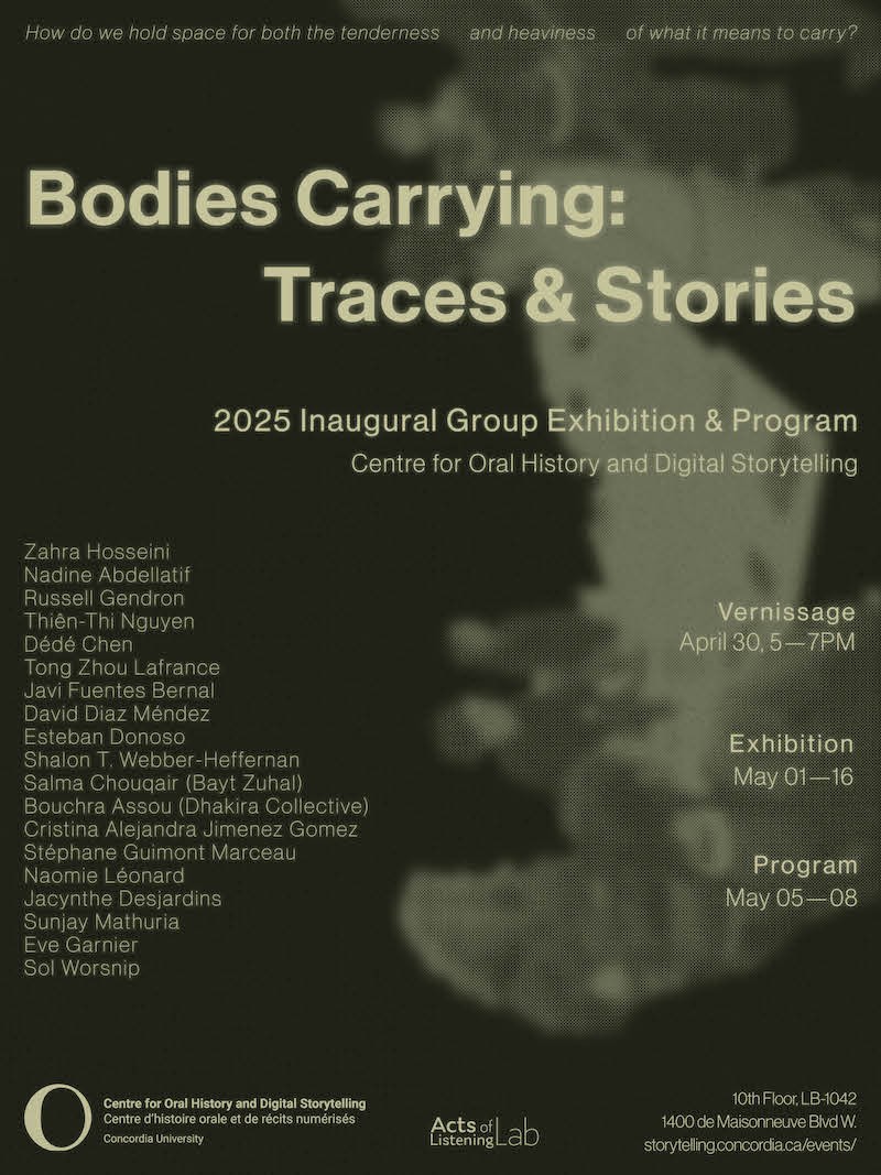 Poster for Inaugural Exhibit at COHDS   Bodies Carrying: Traces & Stories. Includes names of artists and participants. 