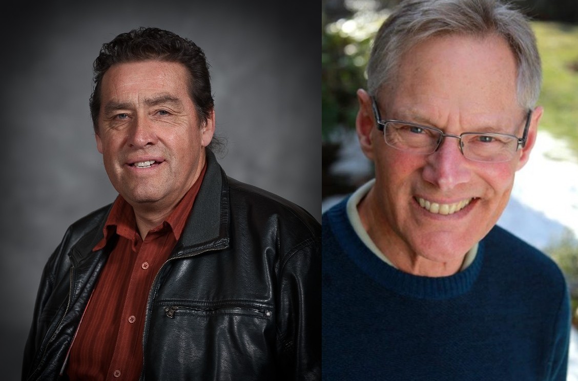 Harry Lafond, on the left, stands in front of a gray background. He wears a black leather jacket over a burnt orange button-up t-shirt. He has short brown hair. Arthur Frank, on the right, is outside with plants and grass in the background. He wears a navy blue sweater over a collared shirt and wears wire-rimmed glasses. He has gray hair. 