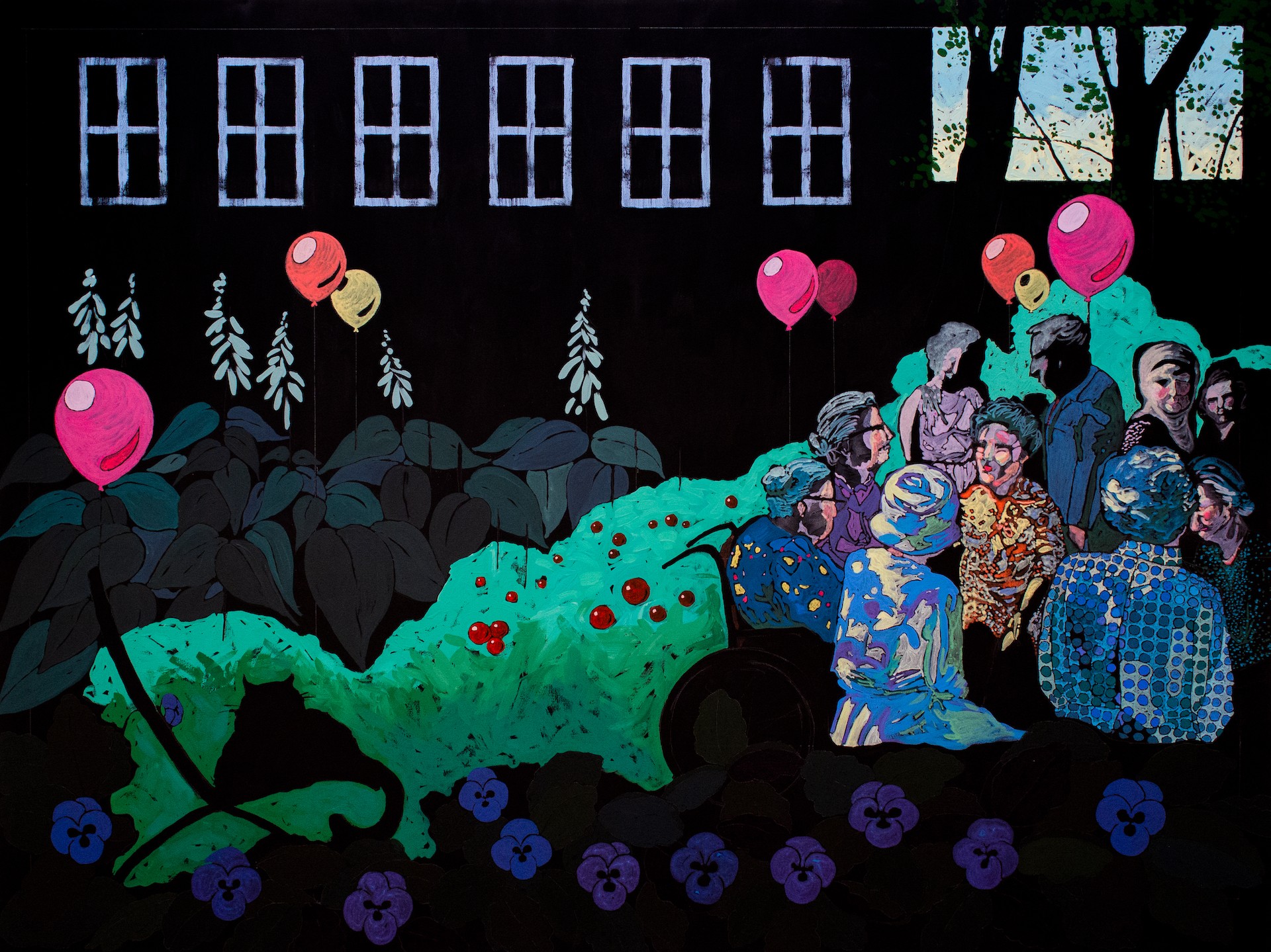 Cynthia Hammond, "Shade and Solace (Garden Party)," 2019. Acrylic gouache and pencil on canvas, 91.4 x 121.9 cm. A depiction of the final garden party held in the former healing garden of St Margaret’s Home, a palliative care centre in Montreal, active 1894-1991.