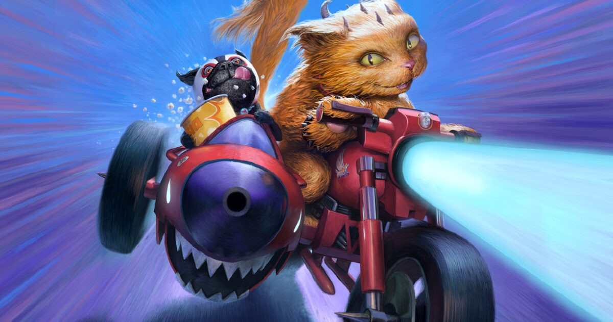 Fantasia 2024 poster featuring cat and pug on a sidecar motorcycle.