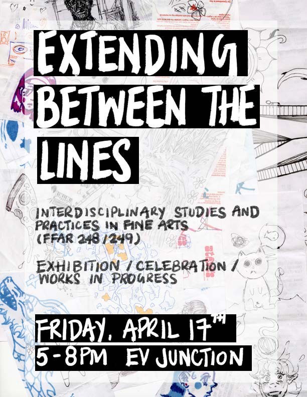 Poster for FFAR pop-up exhibition with title in black and white, and softly colourful hand-drawn images with a celebratory vibe